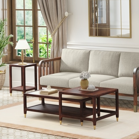 Sera Rectangular Marble and Square Solid Wood Nested Coffee Table with Square Marble Side Table in Walnut Finish