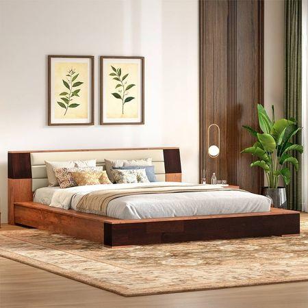 Mahe Solid Wood Queen Size Bed In Dual Tone With Ancient Ivory Leatherette