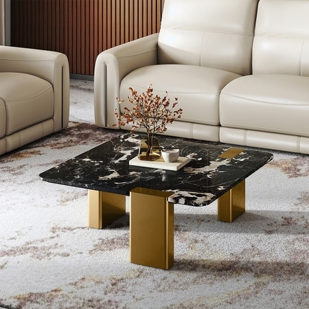 Emory Coffee Table In Portoro Black Cultured Marble and Legs in Gold Finish