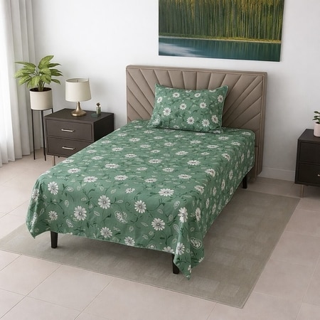Sage Green Floral 290 TC Cotton Flat Single Size Bedsheet with 1 Pillow Cover – Threads