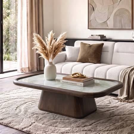 Lazo Solid Wood And Aravali Marble Rectangular Coffee Table In Dark Chestnut Finish