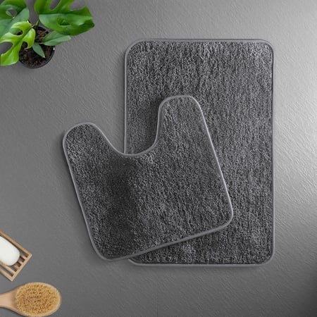 Luxe Home Polyester Newman Contour Bath Mat Set of 2 (Grey 45x75 cm & 40x45)