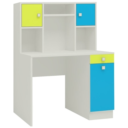 Minerva Kids Study Desk with Drawer Cabinets and Built in Bookshelf in Lime Yellow Azure Blue Colour