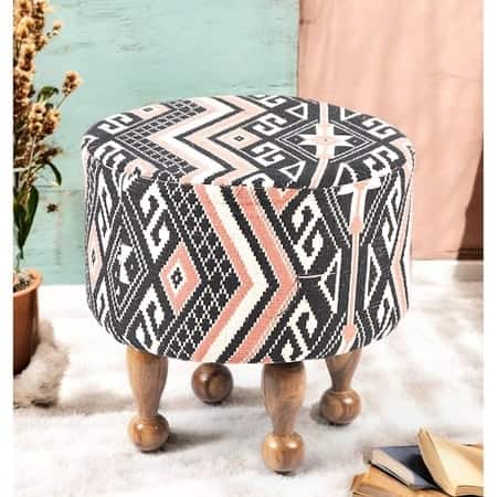 Louisville Acacia Wood Parisian Round Pouf Stool in Multi-colour Jacquard