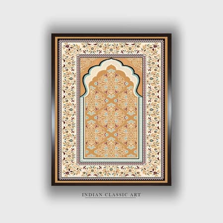 Beige Blue Mughal Floral Printed Framed Canvas Wall Canvas Wall Prints Set of 1 Multicolor Matte