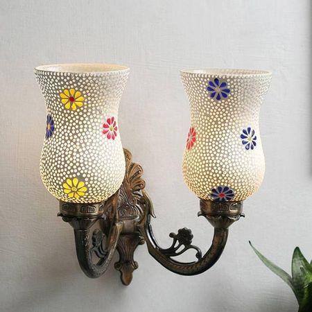 Sophia Antique Metal Double Wall Mounted Lamp with Multicolor Mosaic Glass