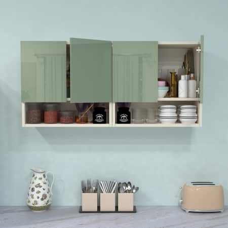 4 Door Mirror Glossy Triple Layered Uv Resistant Handless Cabinet  In Pista Light Finish