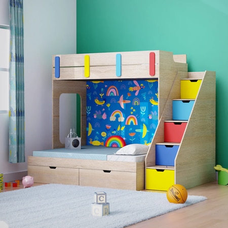Pattern Dreams Bunk Bed 6X5 (Drawers On Wheels) In Oak & Blue Colour