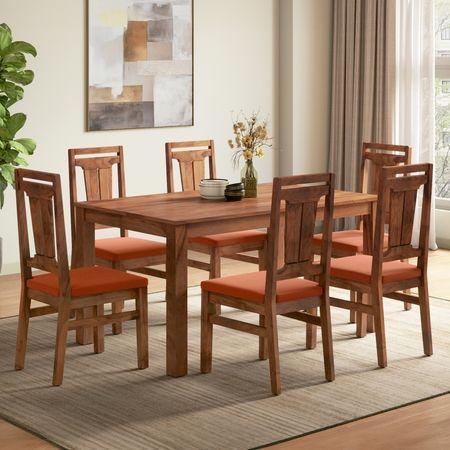 Tessa Solid Wood Dining Chair In Sienna Teak Finish With Burnt Orange Colour Fabric