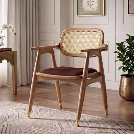 Aubrey Solid Wood Armchair In Amber Walnut Finish with Deep Crimson Colour