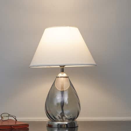 DECADE Blue Luster Glass and Metal Table Lamp With White Cotton Shade