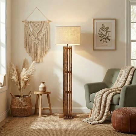 Elegant Beige Jute Floor Lamp with Beige Jute Base