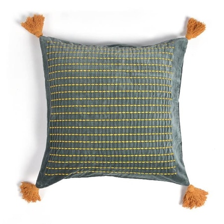 Tasseled And Embroidered Grey-Green Cushion Cover