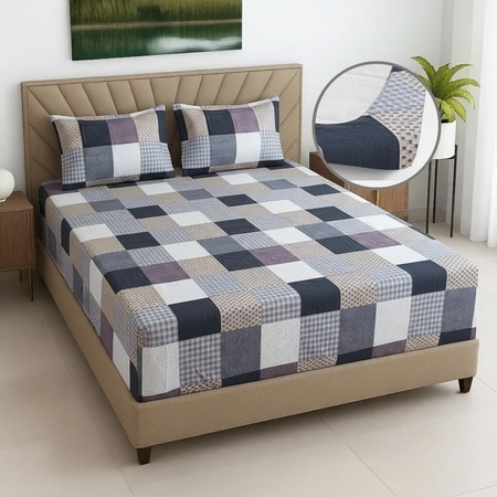 Multicolor Geometric 270 TC Glaze Cotton Fitted Queen Size Bedsheet With 2 Pilllow Covers