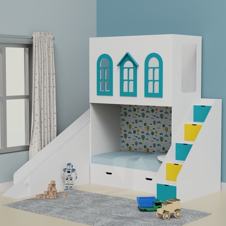 Castle Play House Bunk Bed With Slide 6X4 (Manual Box Storage) In White Colour