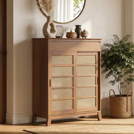 Fujiwara 20 Pair Solid Wood and Cane Shoe Cabinet With Drawer In Amber Walnut Finish