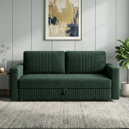 Alfon 3 Seater Velvet Pull Out Sofa Cum Bed with Storage In Green