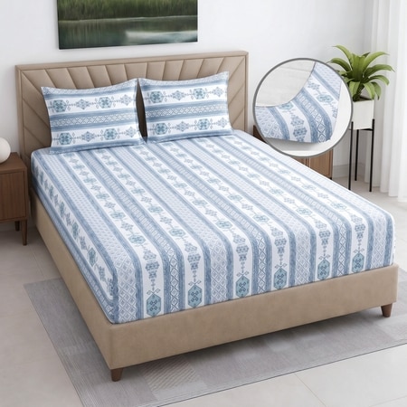 Blue And White Floral 400 Tc  Cotton Fitted  Queen Size Bedsheet With 2 Pillow Cover