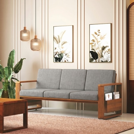 Moreno Three Seater Sofa Wood Sofa In Amber Walnut Finish with Flint Grey Futon Colour