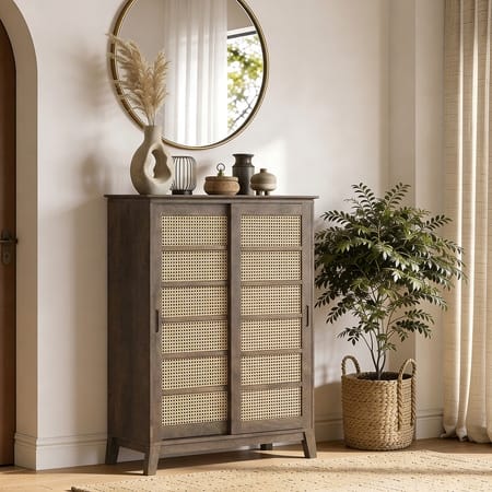 Fujiwara 24 Pair Solid Wood and Cane Shoe Cabinet In Danish Walnut Finish