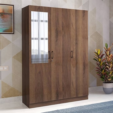 Zoey Engineered Wood 3 Door Wardrobe With Mirror in Classic Walnut Finish