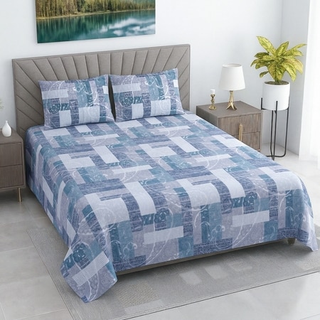 Hina Multicolor Geometric 400 TC Cotton Flat Super King Size Bedsheet with 2 Pillow Covers – Threads