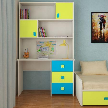 Flora Kids Study Desk cum Bookshelf with Shuttered Cabinets Open Shelves and Drawers in Lime Yellow Azure Blue Colour