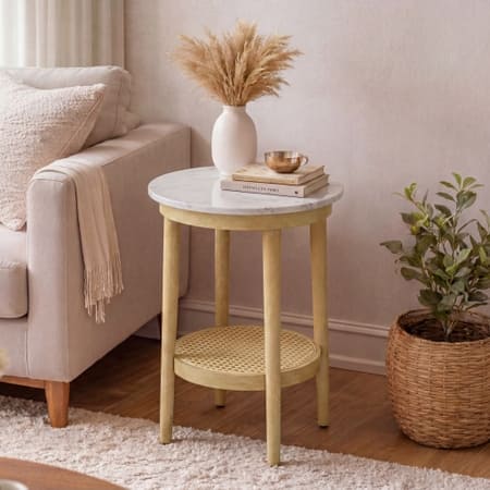 Elva Solid Wood and Banswara Marble Side Table In Natural Oak Finish