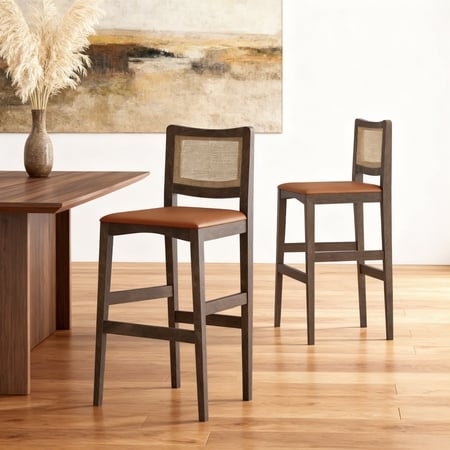 Weber Solid Wood and Cane Bar Chair In Danish Walnut Finish and Nappa Tan Leatherette Colour