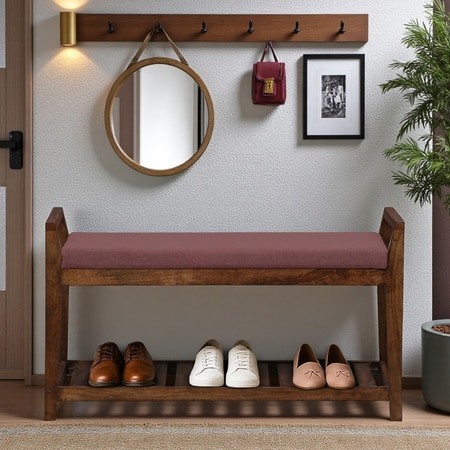 Roros Solid Wood Shoe Rack with Seating in Walnut Brown finish