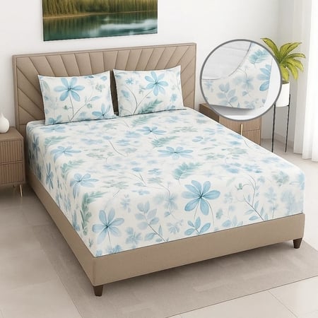 White Floral 400 TC Cotton Fitted Super King Size Bedsheet With 2 Pilllow Covers Threads