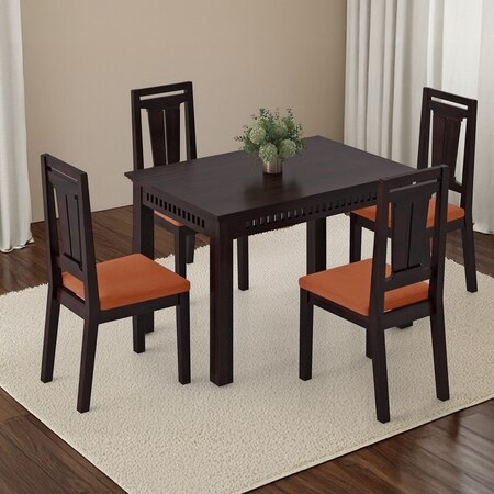 Fidora 4 Seater Dining Table With Set Of 4 Martha Dining Chairs (Colour- Burnt Orange, Finish- Mahogany)