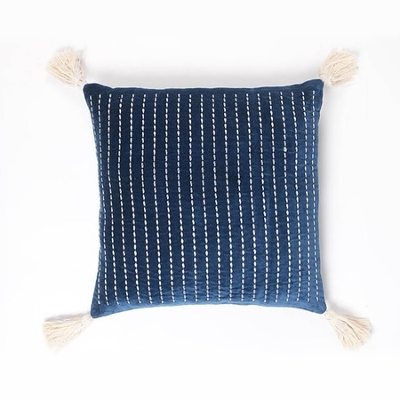 Tasseled And Embroidered Blue-White Cushion Cover
