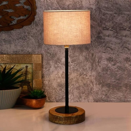 Frankie Grey Fabric Shade Table Lamp with Natural Wood & Iron Base