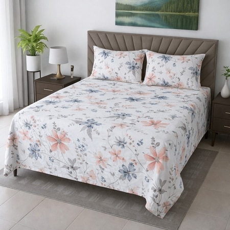 Elara Off White Floral 400 TC Cotton Flat Super King Size Bedsheet with 2 Pillow Covers – Threads