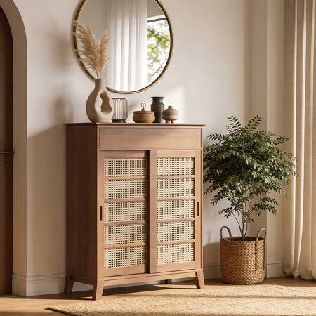 Fujiwara 20 Pair Solid Wood and Cane Shoe Cabinet With Drawer In Amber Walnut Finish