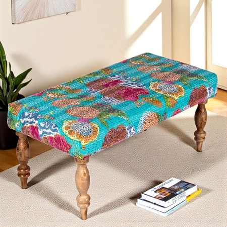 Bestone Sheesham Wood Mid Century Dining Bench in Sea Green Fruit Print Kantha Teak Finish