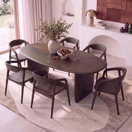 Zen Asymmetric Solid Wood 6 Seater Dining Table With 6 Hague Solid Wood Dining Armchair (Finish: Danish Walnut)