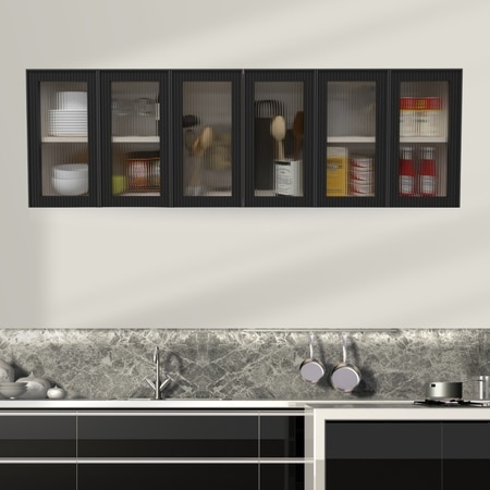 Aluminium Black Profile 6 Fluted Glass Handless Shutters Wall Cabinet In Highland Pine Finish