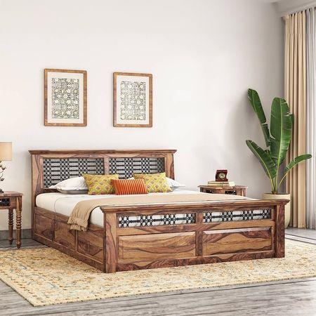 Bunai Solid Wood Queen Size Box Storage Bed In Teak Finish