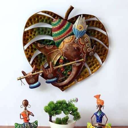 Desert Art Metal Handpainted Paan Leaf Ganesha Wall Hanging 18 x 18 Inch