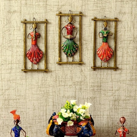 Desert Art Metal Handpainted Lady Musician Wall Hanging Set of 3 in Green Colour