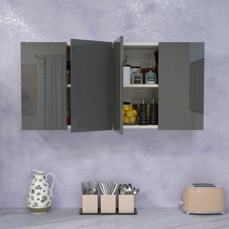 4 Door Mirror Glossy Triple Layered Uv Resistant Handless Cabinet In Grey Finish