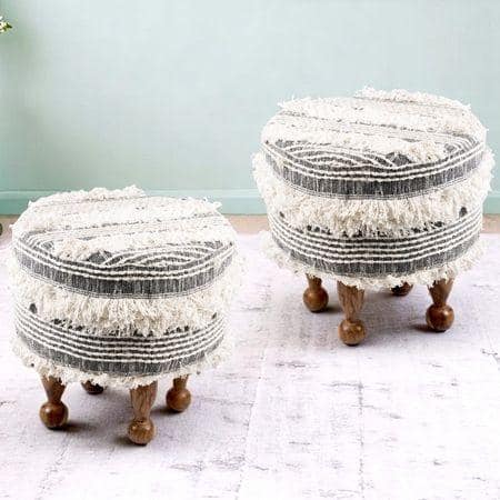 Louisville Acacia Wood Mid Century Round Set of 2 Pouf Stools in Grey Fabric