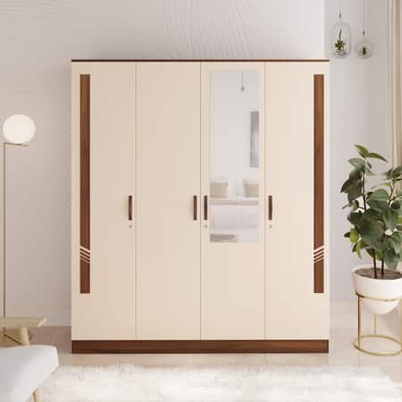 BLUEWUD Andrie Engineered Wood 4 Door Wardrobe/Clothes Storage Rack Organizer Almirah Cupboard with Hanger Rod Drawers and Shelves for Bedroom Home Furniture (with Mirror, Brown Maple & Beige)