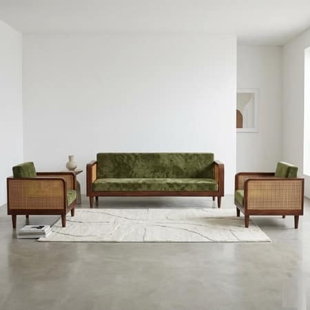 Padam Solid Wood 5 Seater Rattan Designed Sofa Set In Teak Finish