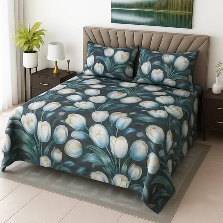 Kairo Green Floral 350 TC Cotton Mix Flat King Size Bedsheet with 2 Pillow Covers – Threads