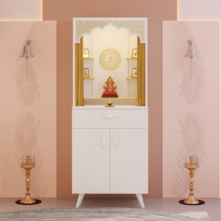 BLUEWUD Sharnam Mandir, Big Size Temple for Home with Storage Cabinet, Pooja Stand, Mandir with Doors, Drawer & Golden Curtain, Floor Standing Puja Room Altar for Living Room (DIY - White)