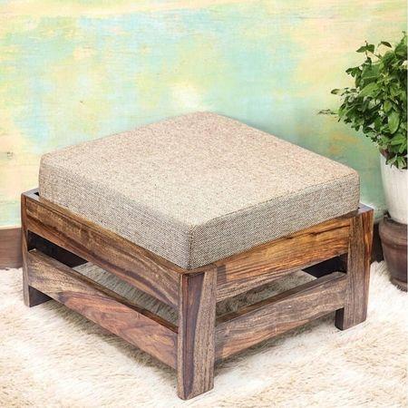 Amber Sheesham Wood Foot Stool in Teak Finish with Jute Beige Cushion