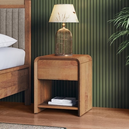 Hiro Solid Wood Bedside Table In Amber Walnut Finish